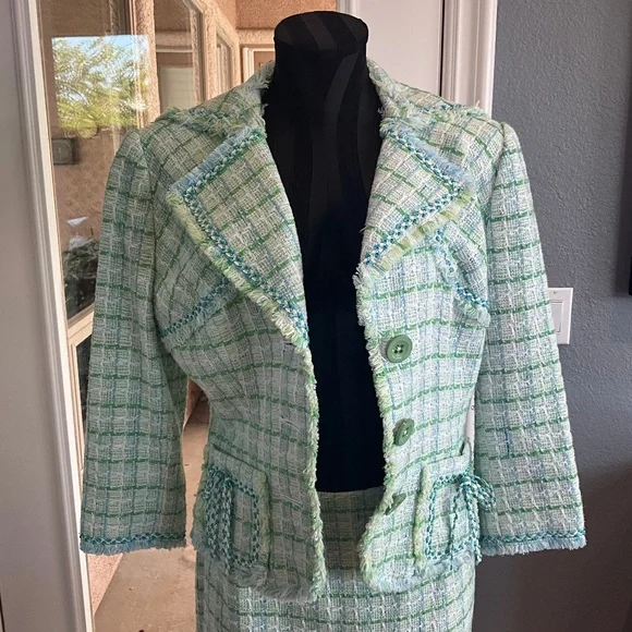 Kay Unger Y2K Preppy Tweed Plaid Skirt Suit Country Club Romantic Green White 10 - Picture 4 of 16